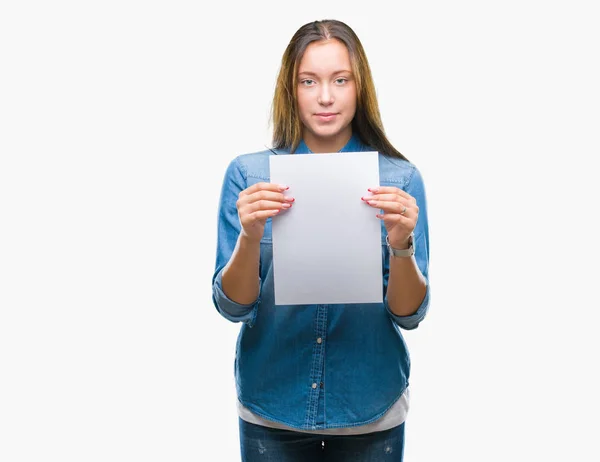 Mulher Caucasiana Jovem Segurando Folha Papel Branco Sobre Fundo Isolado — Fotografia de Stock