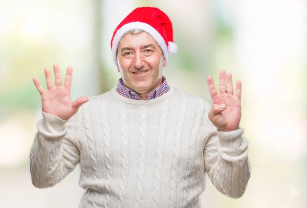 Hombre Mayor Guapo Con Sombrero Navidad Sobre Fondo Aislado Mostrando — Foto de Stock