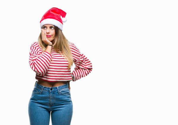 Joven Hermosa Mujer Con Sombrero Navidad Sobre Fondo Aislado Pensando —  Fotos de Stock