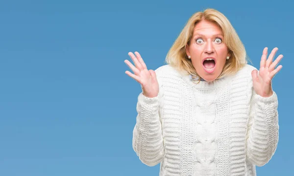 Middle Age Blonde Woman Wearing Winter Sweater Isolated Background Crazy — Stock Photo, Image