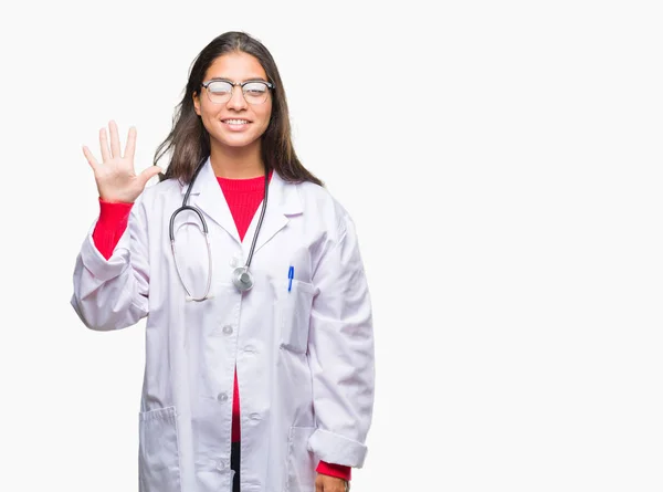 Genç Arap Doktor Kadın Gösterilen Parmakları Ile Işaret Izole Arka — Stok fotoğraf