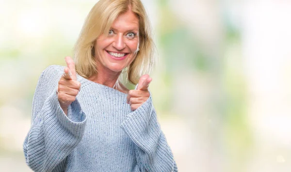 Mulher Loira Meia Idade Usando Camisola Inverno Sobre Fundo Isolado — Fotografia de Stock