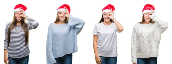 Genç Kız Giyen Noel Şapka Gülümseyerek Parmakları Ile Mutlu Yüz — Stok fotoğraf