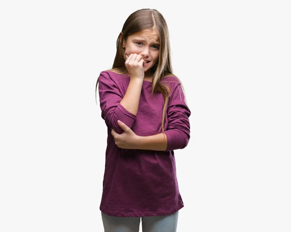 Young Beautiful Girl Isolated Background Looking Stressed Nervous Hands Mouth — Stock Photo, Image