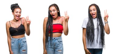 Güzel örgülü saç Afrikalı-Amerikalı kadın Doğum işareti üzerinde gösterilen ve parmakları ile işaret izole arka plan ile kolaj ikincisi ise kendinden emin ve mutlu gülümseyerek.