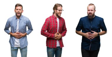 Kolaj üzerinde beyaz genç erkekler grup izole mide üzerinde el ile arka plan çünkü hazımsızlık, ağrılı hastalık hasta hissediyor. Ağrısı kavramı.