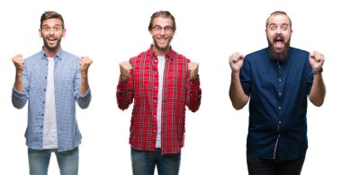 Kolaj bir grup beyaz izole arka plan kutlama üzerinde genç adam şaşırttı ve başarı için kaldırdı kollarını açarak hayret ve gözleri açık. Kazanan kavramı.