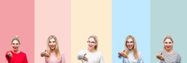 Kolaj genç güzel sarışın kadının dostu sunan el sıkışma tebrik ve davet edici olarak gülümseyen canlı renkli vintage izole arka plan üzerinde. Başarılı iş.