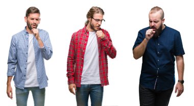 Kolaj bir grup genç adam beyaz üzerinde soğuk veya bronşit için arka plan duygu hasta ve semptom olarak öksürük izole. Sağlık kavramı.
