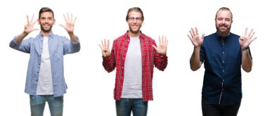 Kolaj bir grup genç adam gösterilen ve parmakları ile işaret beyaz izole arka plan üzerinde numara 9 kendinden emin ve mutlu gülümseyerek süre.