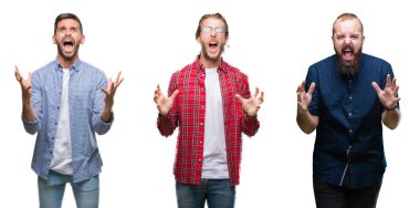 Kolaj bir grup genç adam beyaz üzerinde arka plan deli izole ve deli bağırarak ve agresif ifade ve silah kaldırdı bağırıyor. Hayal kırıklığı kavramı.