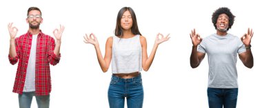Kolaj grup izole arka plan üzerinde Çin, Afrika kökenli Amerikalı, Hispanik insan dinlenmek ve gülümseyen gözlerle parmak ile meditasyon jest yapıyor kapalı. Yoga kavramı.