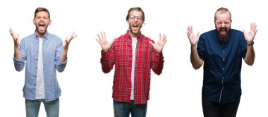 Kolaj bir grup genç adam kızgın ve silah ile başarı için deli kutluyor beyaz izole arka plan üzerinde kaldırdı ve heyecanlı çığlık gözler kapalı. Kazanan kavramı