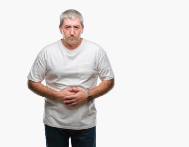 Yakışıklı üst düzey adam izole mide üzerinde el ile arka plan çünkü hazımsızlık, ağrılı hastalık hasta hissediyor. Ağrısı kavramı.