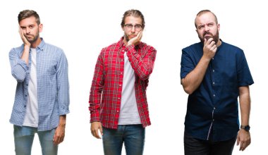 Grup üzerinde seyir yorgun ve bıkkın ile depresyon sorunları karşılıklı silah olan beyaz izole arka plan düşünme genç adam kolaj.