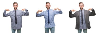 İspanyol Genç iş adamı yüzünde gülümseme ile kendinden emin görünüyorsun, kendini gururlu ve mutlu parmakları ile işaret izole arka plan üzerine kolaj.