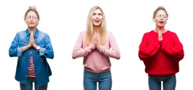 Kolaj genç güzel sarışın kadının yalvarıyor ve umut ifade yüzünde çok duygusal ve endişe ile birlikte elleriyle dua izole arka plan üzerinde. Bağışlanmak. Din kavramı.