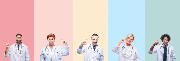 Collage Professional Doctors Colorful Stripes Isolated Background Smiling Confident Gesturing — Stock Photo, Image