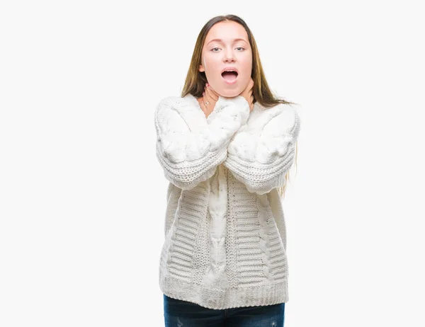 Jovem Bela Mulher Caucasiana Vestindo Camisola Inverno Sobre Fundo Isolado — Fotografia de Stock