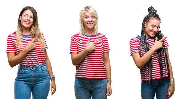 Colagem Mulheres Jovens Vestindo Listras Camiseta Sobre Fundo Isolado Alegre — Fotografia de Stock