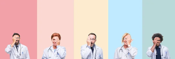 Collage Professional Doctors Colorful Stripes Isolated Background Covering One Eye — Stock Photo, Image