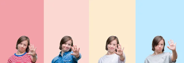 Collage Einer Frau Mit Syndrom Über Farbenfrohen Streifen Isoliert Hintergrund — Stockfoto