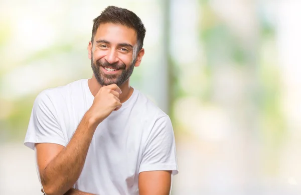 Adult Hispanic Man Isolated Background Looking Confident Camera Smile Crossed — Stock Photo, Image