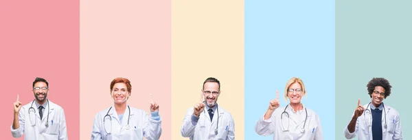 Collage Professional Doctors Colorful Stripes Isolated Background Showing Pointing Finger — Stock Photo, Image