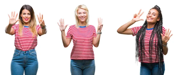 Colagem Mulheres Jovens Vestindo Listras Camiseta Sobre Fundo Isolado Mostrando — Fotografia de Stock