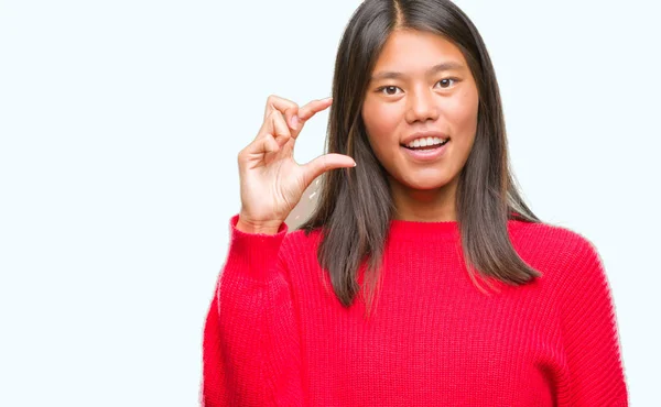 Joven Asiático Woma Sonriendo Confiado Haciendo Tamaño Signo Con Los —  Fotos de Stock