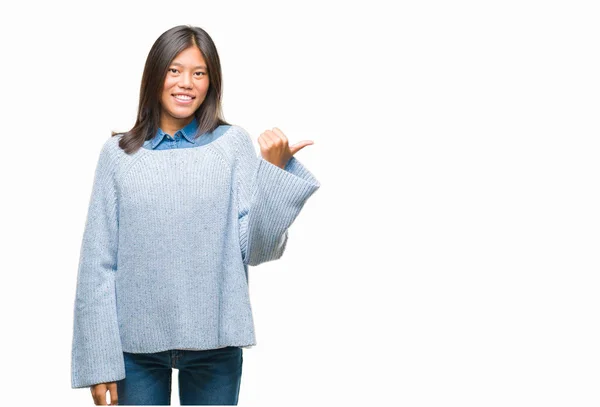 Young Asian Woman Smiling Pointing Side Thumb — Stock Photo, Image