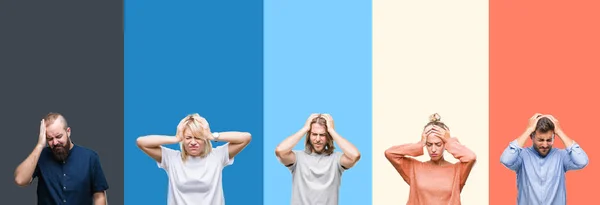 Collage Van Casual Jongeren Kleurrijke Strepen Geïsoleerde Achtergrond Lijden Hoofdpijn — Stockfoto