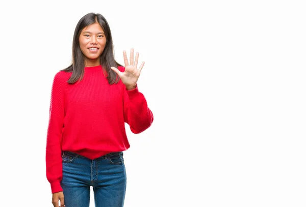 Νεαρή Γυναίκα Της Ασίας Δείχνουν Δάχτυλα Αριθμό Πέντε — Φωτογραφία Αρχείου