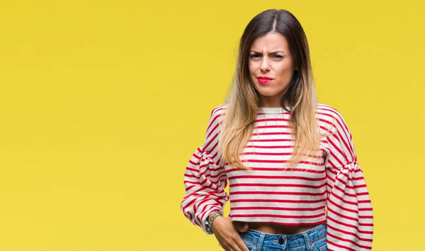 Jovem Bela Mulher Listras Casuais Camisola Inverno Sobre Fundo Isolado — Fotografia de Stock