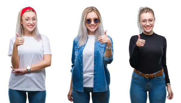 Collage Hermosa Mujer Joven Rubia Con Gafas Sobre Fondo Aislado — Foto de Stock