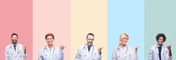 Collage Medici Professionisti Strisce Colorate Sfondo Isolato Sorridente Con Volto — Foto Stock