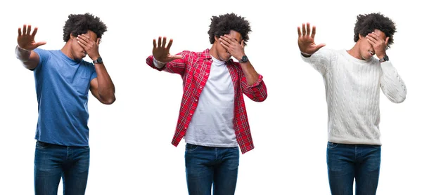 非洲裔美国年轻人英俊的男子拼贴在孤立的背景覆盖眼睛用手和做停止手势与悲伤和恐惧的表情 尴尬和消极的概念 — 图库照片