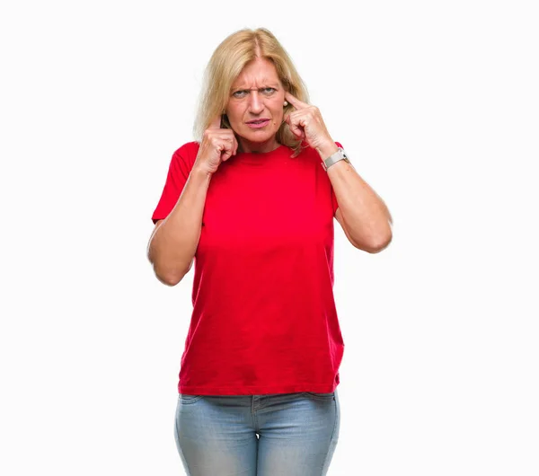 Middle Age Blonde Woman Isolated Background Covering Ears Fingers Annoyed — Stock Photo, Image