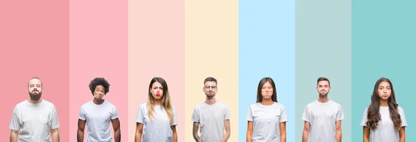 Collage Diferentes Etnias Jóvenes Con Camiseta Blanca Sobre Coloridos Fondos —  Fotos de Stock