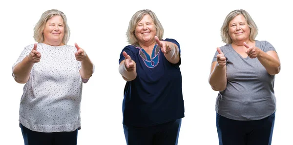 Collage Senior Fat Woman Isolated Background Pointing Fingers Camera Happy — Stock Photo, Image