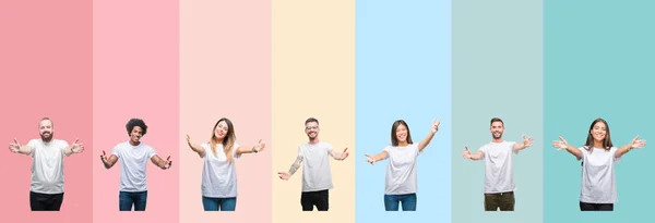 Colagem Diferentes Etnias Jovens Vestindo Camiseta Branca Sobre Fundo Colorido — Fotografia de Stock