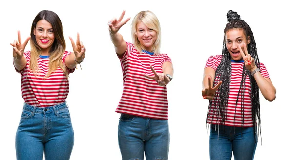 Collage Mujeres Jóvenes Con Rayas Camiseta Sobre Fondo Aislado Sonriendo — Foto de Stock