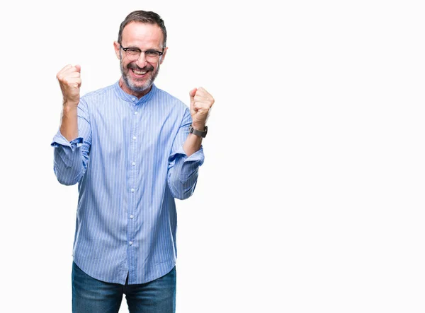 Hombre Mediana Edad Con Gafas Sobre Fondo Aislado Celebrando Sorprendido — Foto de Stock