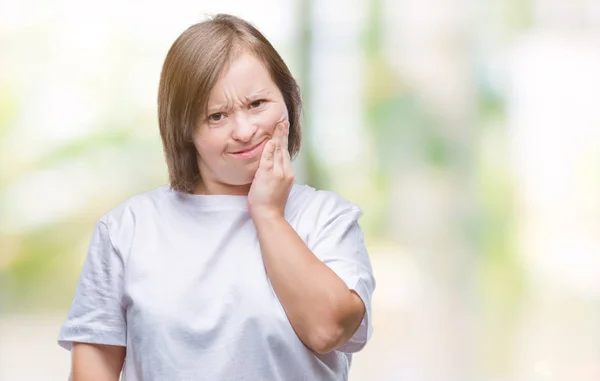 Junge Erwachsene Frau Mit Syndrom Über Isolierten Hintergrund Berühren Mund — Stockfoto