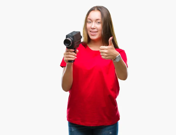 Νεαρή Όμορφη Γυναίκα Καυκάσιος Γυρισμάτων Χρησιμοποιώντας Εκλεκτής Ποιότητας Βίντεο Κάμερα — Φωτογραφία Αρχείου