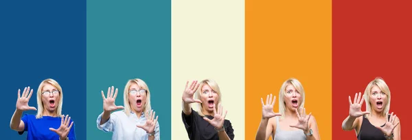 Collage Van Mooie Blonde Vrouw Kleurrijke Vintage Geïsoleerde Achtergrond Bang — Stockfoto