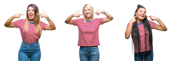 Collage Mujeres Jóvenes Con Rayas Camiseta Sobre Fondo Aislado Sonriendo —  Fotos de Stock