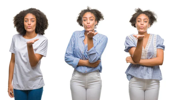 Kolaż African American Kobieta Białym Tle Patrząc Kamery Buziak Ręką — Zdjęcie stockowe