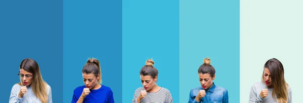 Collage Joven Hermosa Mujer Sobre Rayas Azules Aislado Fondo Sensación —  Fotos de Stock