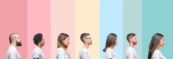 Collage Different Ethnics Young People Wearing White Shirt Colorful Isolated — Stock Photo, Image